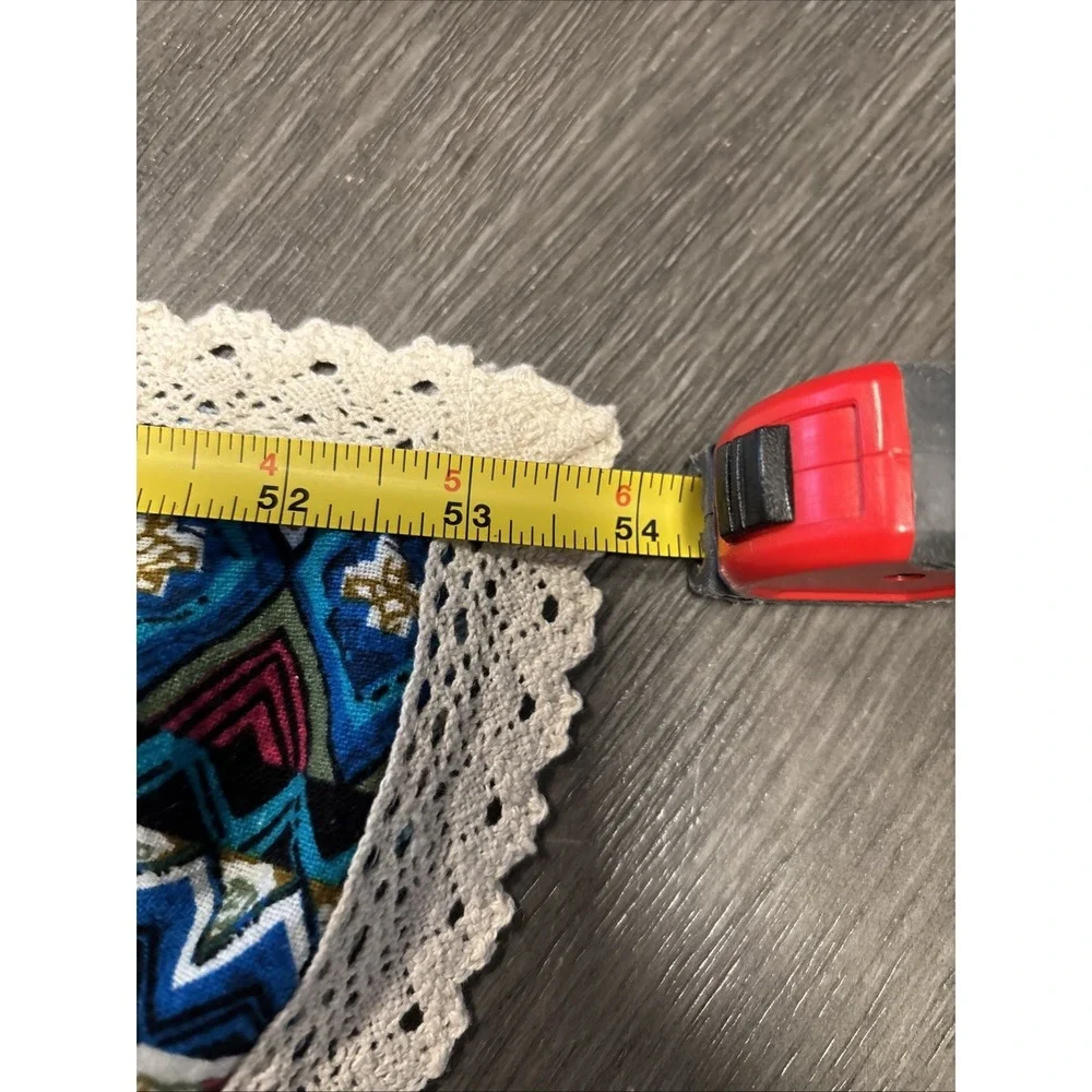 Vibrant Bohemian Mediterranean Blue Fabric Tablecloth Crochet Trim Geometric